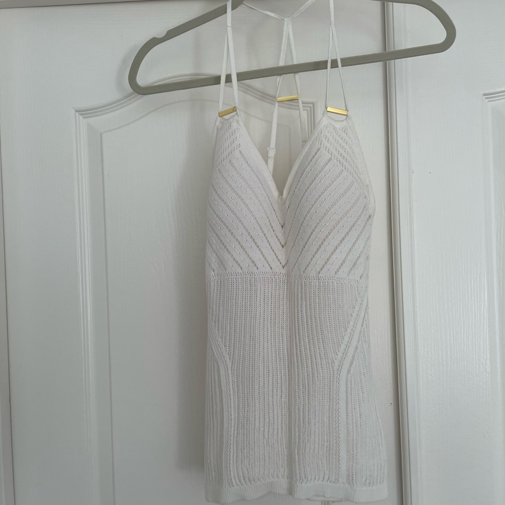 White Guess crochet top with gold buckles